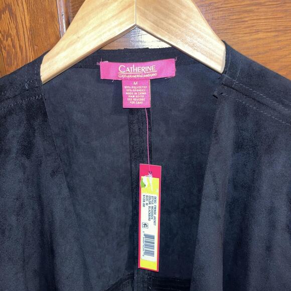 Catherine Malandrino Jacket NWT Womens M Black Faux Suede Boho Fringe Coat - Picture 2 of 5